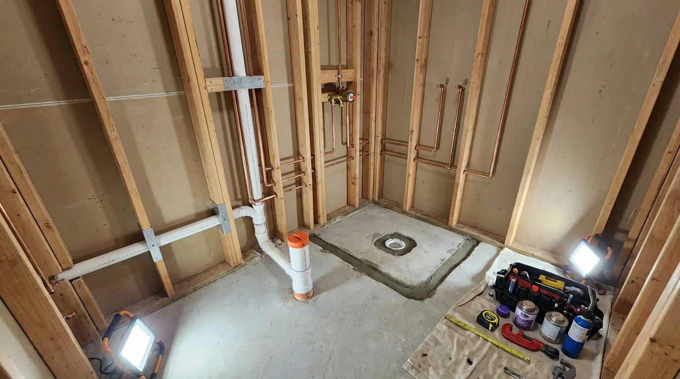 Bathroom rough-in plumbing during remodel by Johns Plumbing LLC in Mott