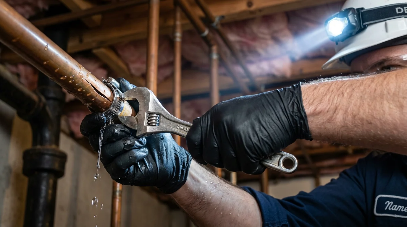 Emergency pipe clamp repair being performed by a Johns Plumbing LLC plumber in Mott