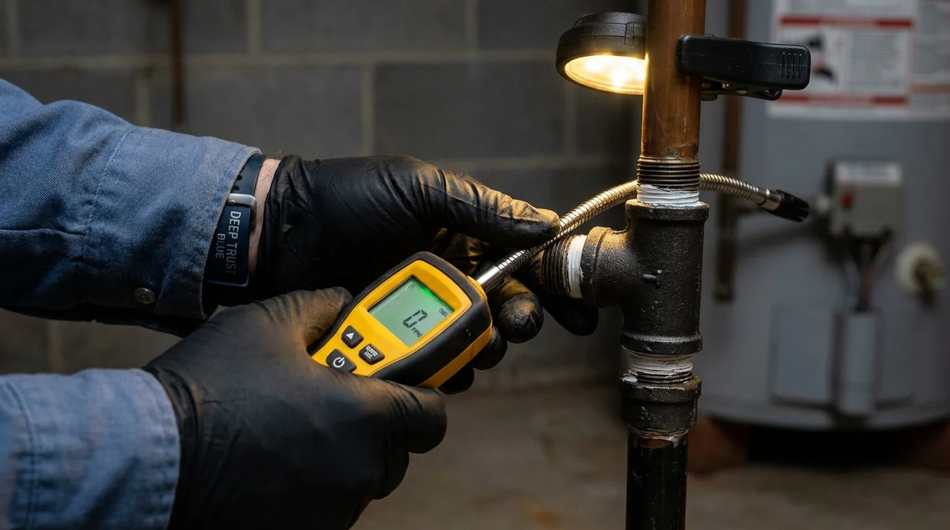 Gas leak detection with electronic sniffer by Johns Plumbing LLC in Mott