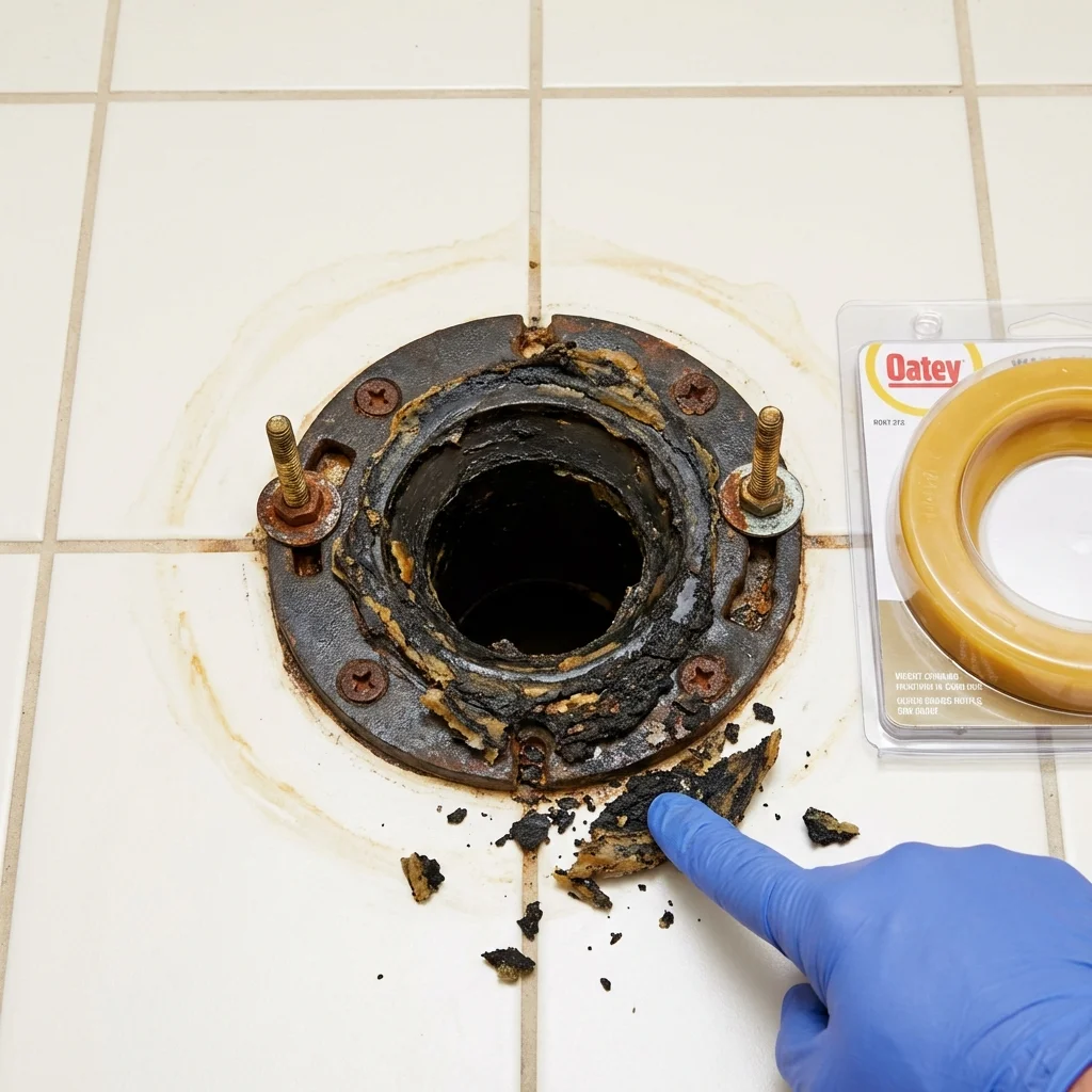 Failed wax ring showing water seepage at the base of a toilet in a Mott, ND home