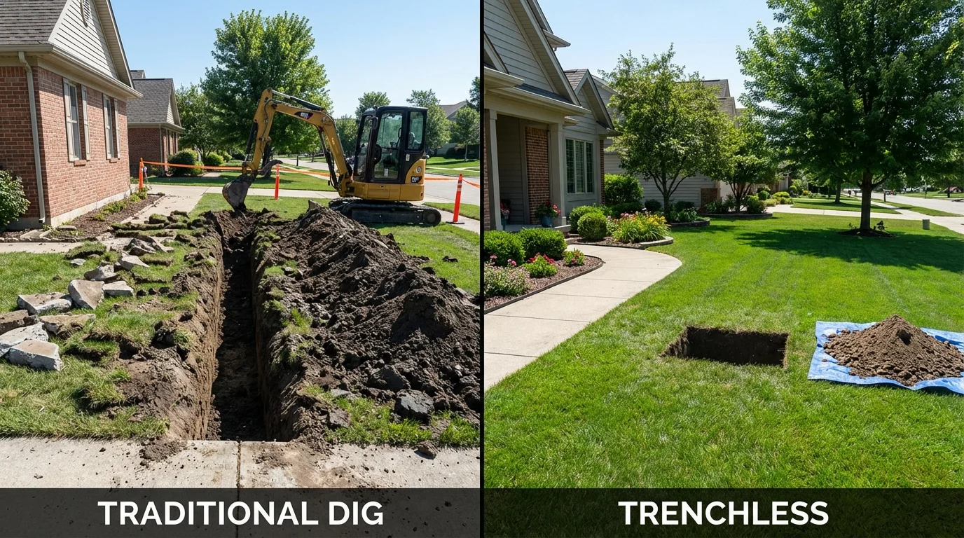 Trenchless sewer repair with minimal yard damage versus traditional excavation in Mott, ND