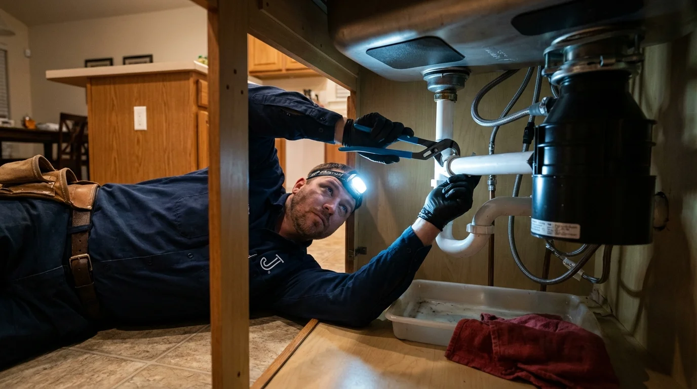P-trap and supply line connections under a kitchen sink showing a common leak point in Mott, ND